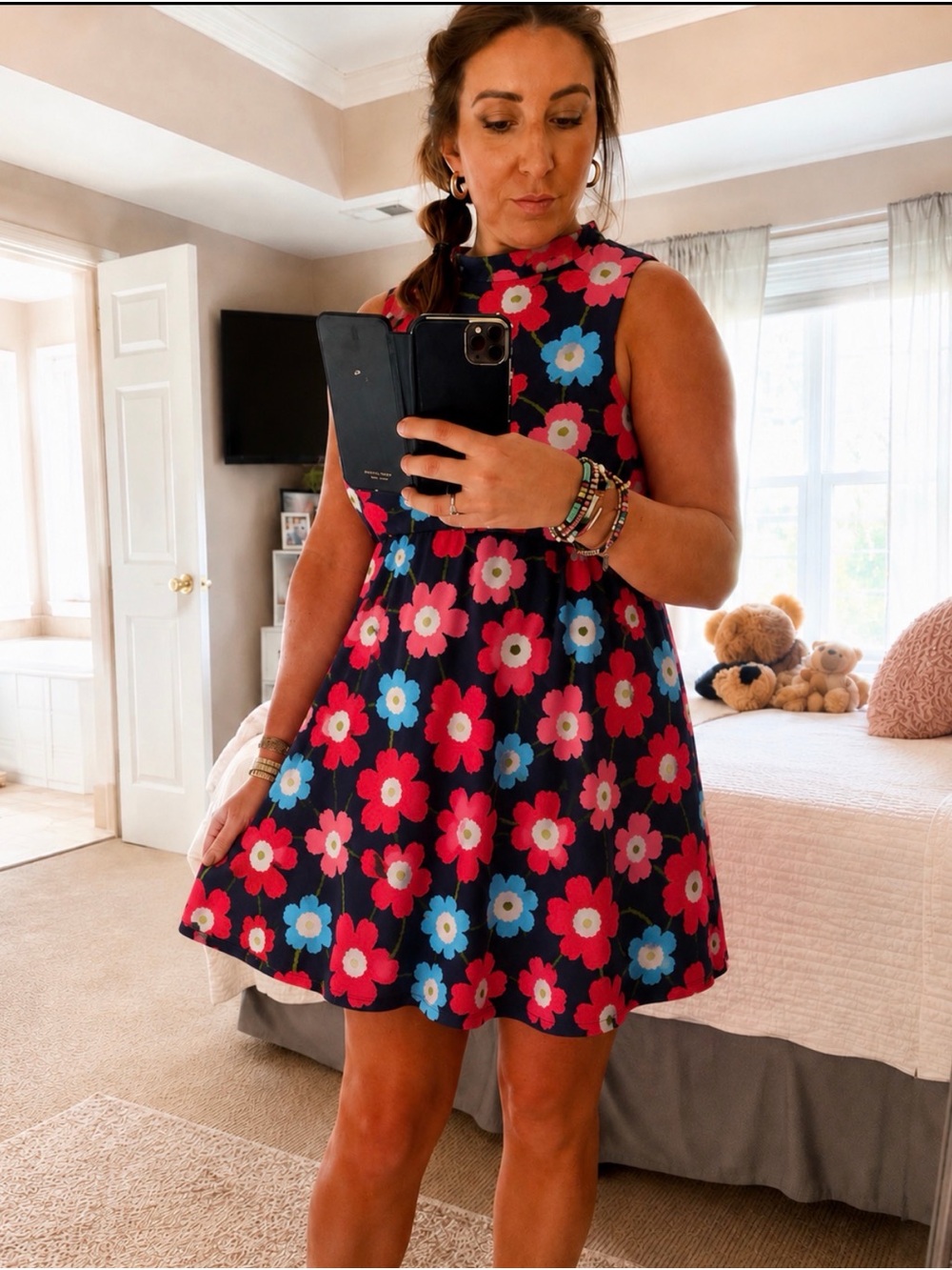 Monteau Black Floral A-Line Mini Dress with Pink & Blue Flowers